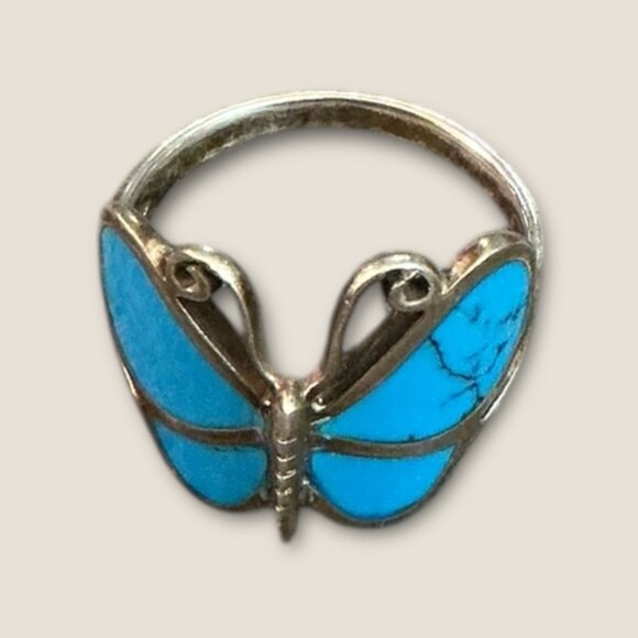Vintage Sterling Silver Turquoise Inlaid Butterfly Ring Size 10.5 - Picture 4 of 10